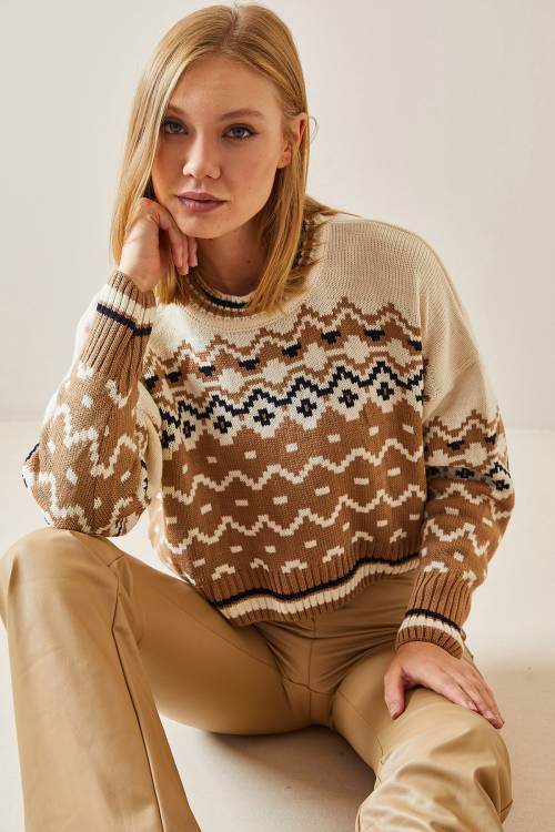 Camel Etnik Desenli Bisiklet Yaka Kazak 4KXK3-47648-53 - 3
