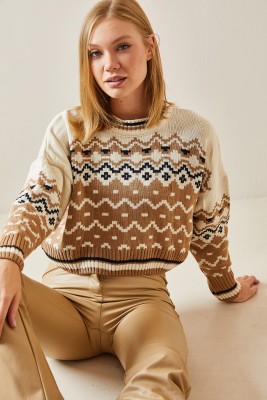 Camel Etnik Desenli Bisiklet Yaka Kazak 4KXK3-47648-53 - 4