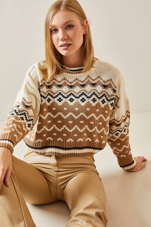 Camel Etnik Desenli Bisiklet Yaka Kazak 4KXK3-47648-53 - 4