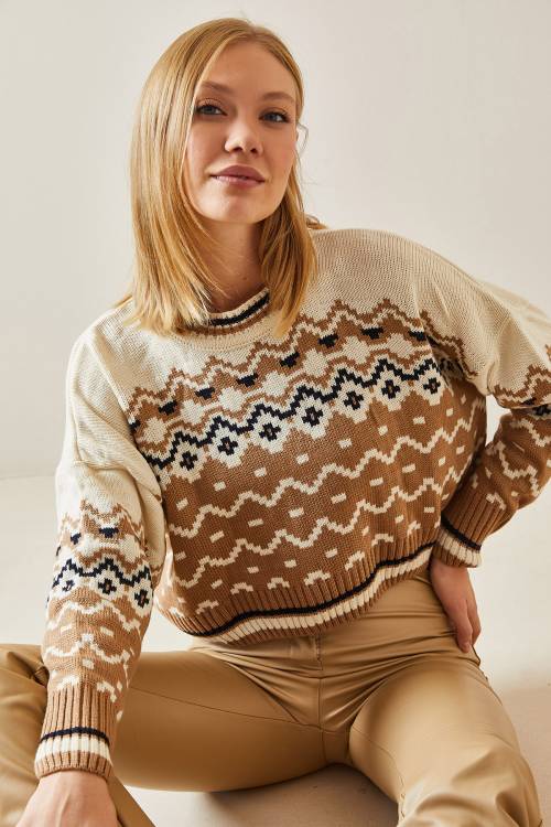 Camel Etnik Desenli Bisiklet Yaka Kazak 4KXK3-47648-53 - 5