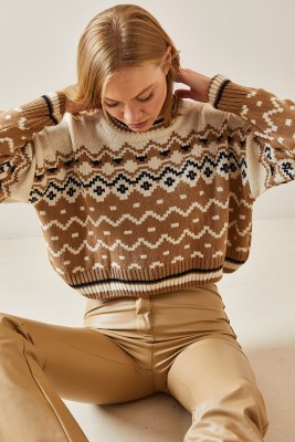 Camel Etnik Desenli Bisiklet Yaka Kazak 4KXK3-47648-53 - 6