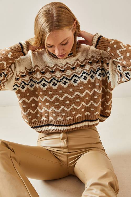 Camel Etnik Desenli Bisiklet Yaka Kazak 4KXK3-47648-53 - 6