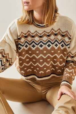 Camel Etnik Desenli Bisiklet Yaka Kazak 4KXK3-47648-53 