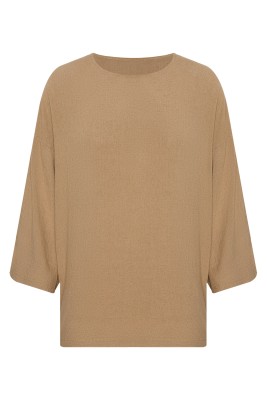 XHAN - Camel Fakir Kol Oversize Keten T-Shirt 2YXE2-45927-30
