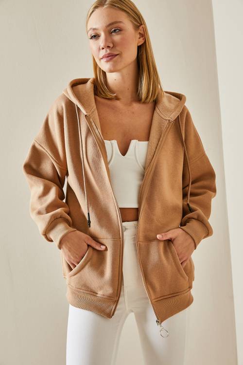 Camel Fermuarlı Kapüşonlü Sweatshirt 4KXK8-47606-53 - 2