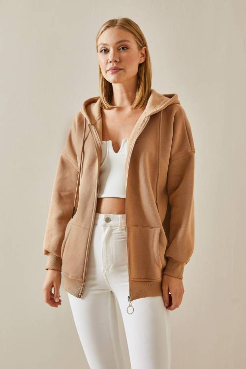 Camel Fermuarlı Kapüşonlü Sweatshirt 4KXK8-47606-53 - 5