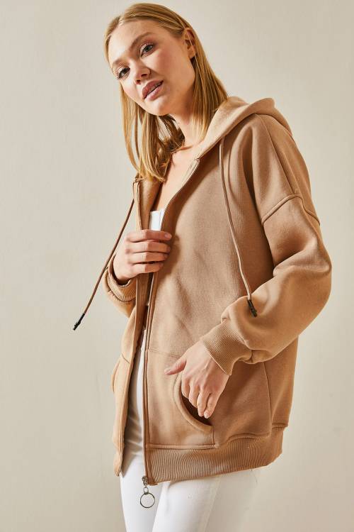 Camel Fermuarlı Kapüşonlü Sweatshirt 4KXK8-47606-53 - 6