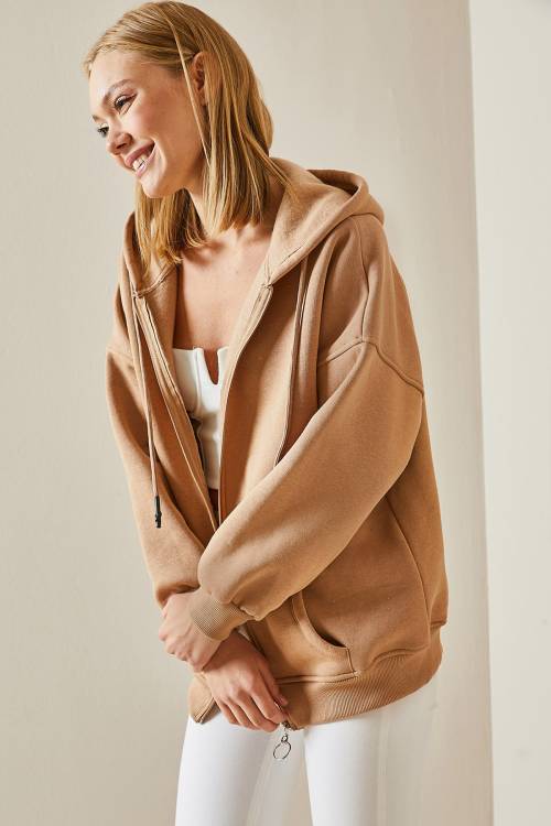 Camel Fermuarlı Kapüşonlü Sweatshirt 4KXK8-47606-53 - 7