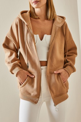 Camel Fermuarlı Kapüşonlü Sweatshirt 4KXK8-47606-53 