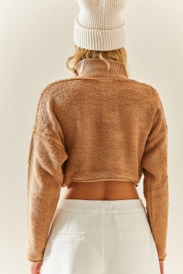Camel Fermuarlı Teddy Crop Kazak 3YXK3-47548-53 - 9