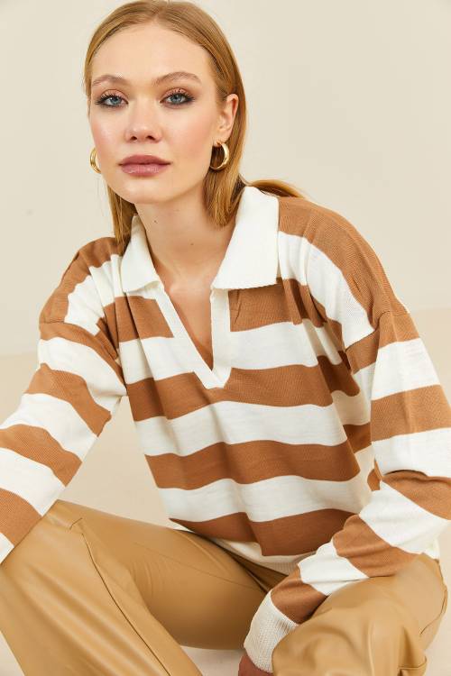 Camel Polo Yaka Çizgili Kazak 3KXK3-46556-53 - 2
