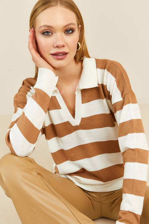 Camel Polo Yaka Çizgili Kazak 3KXK3-46556-53 - 3