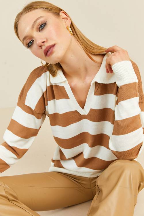 Camel Polo Yaka Çizgili Kazak 3KXK3-46556-53 - 4
