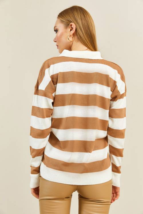 Camel Polo Yaka Çizgili Kazak 3KXK3-46556-53 - 5