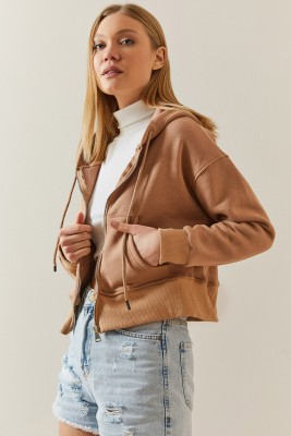 XHAN - Camel Şardonlu Fermuarlı & Kapüşonlü Sweatshirt 4KXK8-47837-53