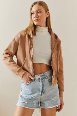 Camel Şardonlu Fermuarlı & Kapüşonlü Sweatshirt 4KXK8-47837-53 - 3