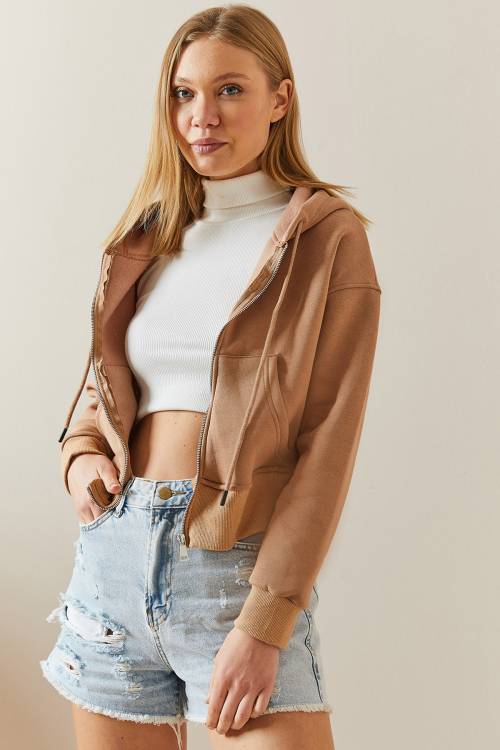 Camel Şardonlu Fermuarlı & Kapüşonlü Sweatshirt 4KXK8-47837-53 - 4