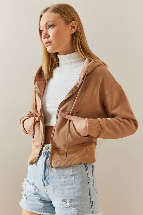 Camel Şardonlu Fermuarlı & Kapüşonlü Sweatshirt 4KXK8-47837-53 - 5