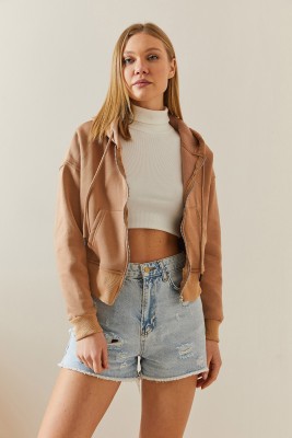 Camel Şardonlu Fermuarlı & Kapüşonlü Sweatshirt 4KXK8-47837-53 - 6
