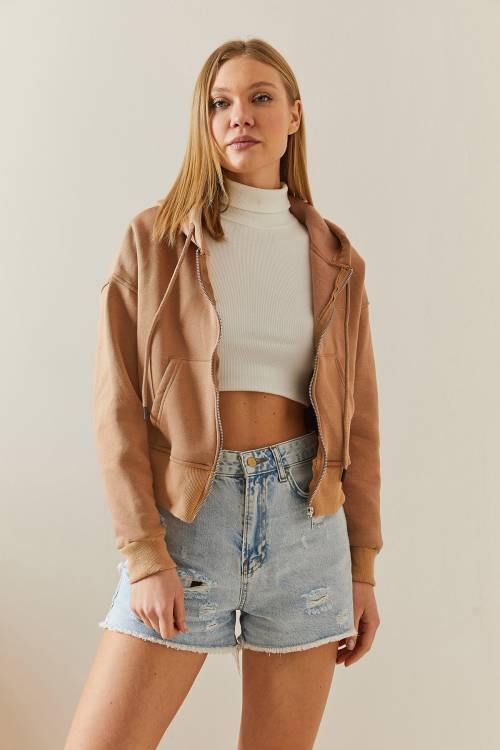 Camel Şardonlu Fermuarlı & Kapüşonlü Sweatshirt 4KXK8-47837-53 - 6