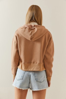 Camel Şardonlu Fermuarlı & Kapüşonlü Sweatshirt 4KXK8-47837-53 - 7
