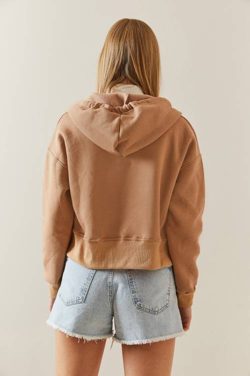Camel Şardonlu Fermuarlı & Kapüşonlü Sweatshirt 4KXK8-47837-53 - 7
