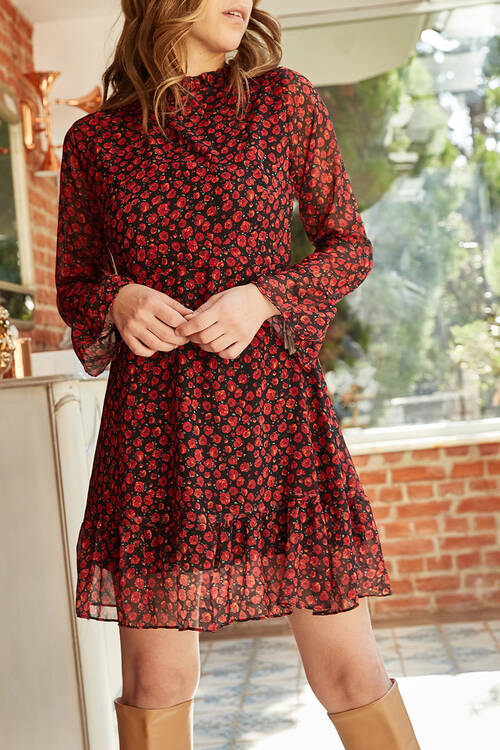 Bordo Çiçek Desenli Şifon Elbise 9YXK6-41950-05 - 2