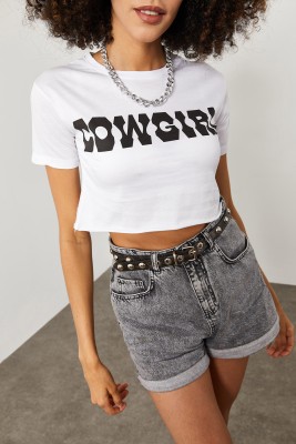 Beyaz Cow Girl Baskılı Crop Tişört 2KXK1-45698-01 