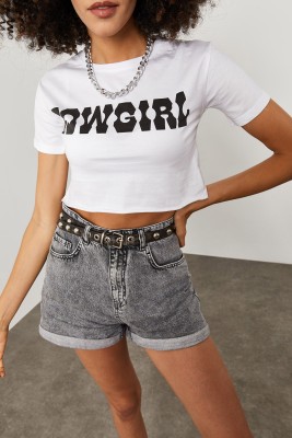 Beyaz Cow Girl Baskılı Crop Tişört 2KXK1-45698-01 - 3