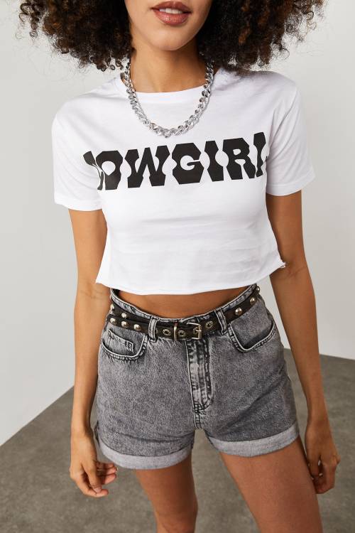 Beyaz Cow Girl Baskılı Crop Tişört 2KXK1-45698-01 - 5