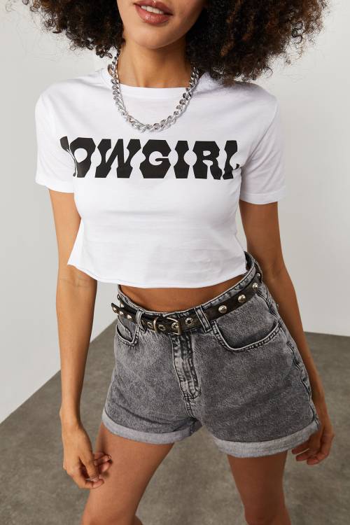 Beyaz Cow Girl Baskılı Crop Tişört 2KXK1-45698-01 - 6