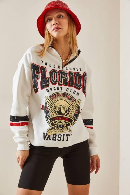 Ekru Baskılı & Fermuarlı Sweatshirt 4KXK8-47769-52 - 2