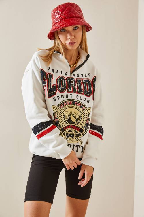 Ekru Baskılı & Fermuarlı Sweatshirt 4KXK8-47769-52 - 4