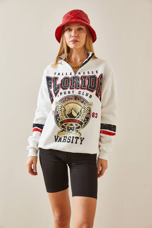 Ekru Baskılı & Fermuarlı Sweatshirt 4KXK8-47769-52 - 5