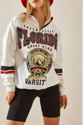 XHAN - Ekru Baskılı & Fermuarlı Sweatshirt 4KXK8-47769-52