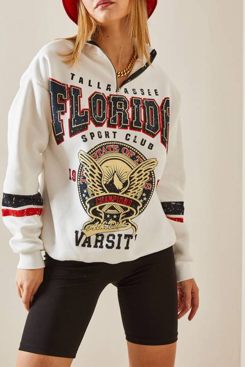 Ekru Baskılı & Fermuarlı Sweatshirt 4KXK8-47769-52 - 1