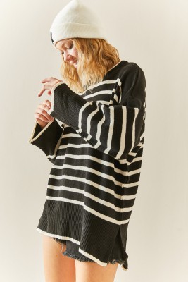 Ekru Bisiklet Yaka Çizgili Oversize Kazak 3YXK3-47534-52 - 4
