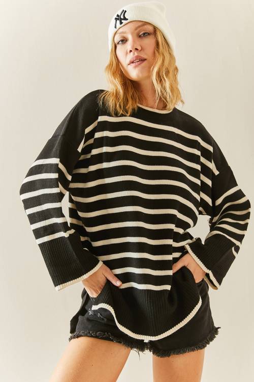 Ekru Bisiklet Yaka Çizgili Oversize Kazak 3YXK3-47534-52 - 5