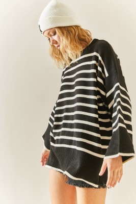 Ekru Bisiklet Yaka Çizgili Oversize Kazak 3YXK3-47534-52 - 6