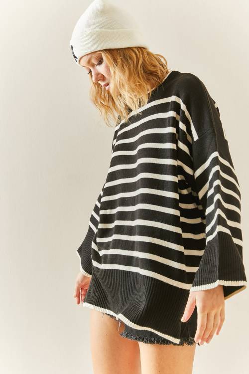 Ekru Bisiklet Yaka Çizgili Oversize Kazak 3YXK3-47534-52 - 6