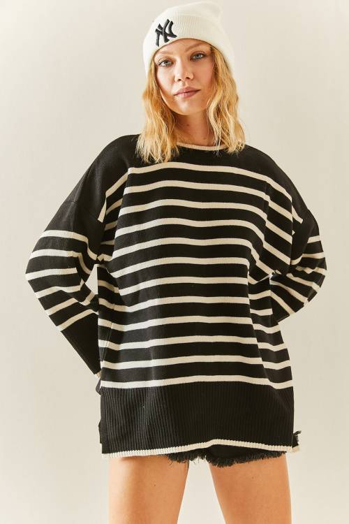 Ekru Bisiklet Yaka Çizgili Oversize Kazak 3YXK3-47534-52 - 7