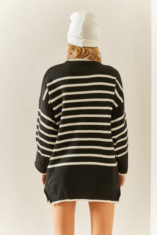 Ekru Bisiklet Yaka Çizgili Oversize Kazak 3YXK3-47534-52 - 8