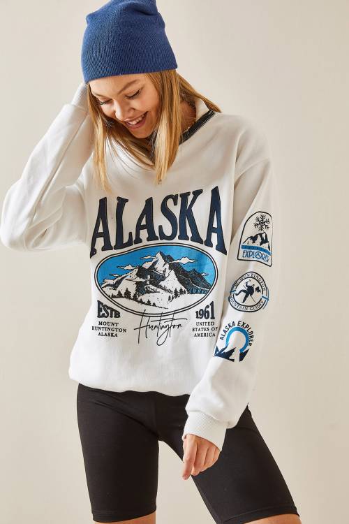 Ekru Dik Yaka Fermuarlı Sweatshirt 4KXK8-47770-52 - 2