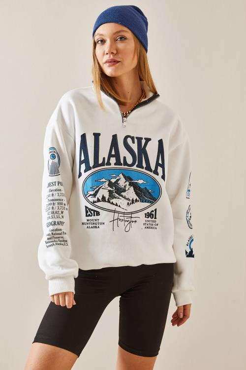 Ekru Dik Yaka Fermuarlı Sweatshirt 4KXK8-47770-52 - 3