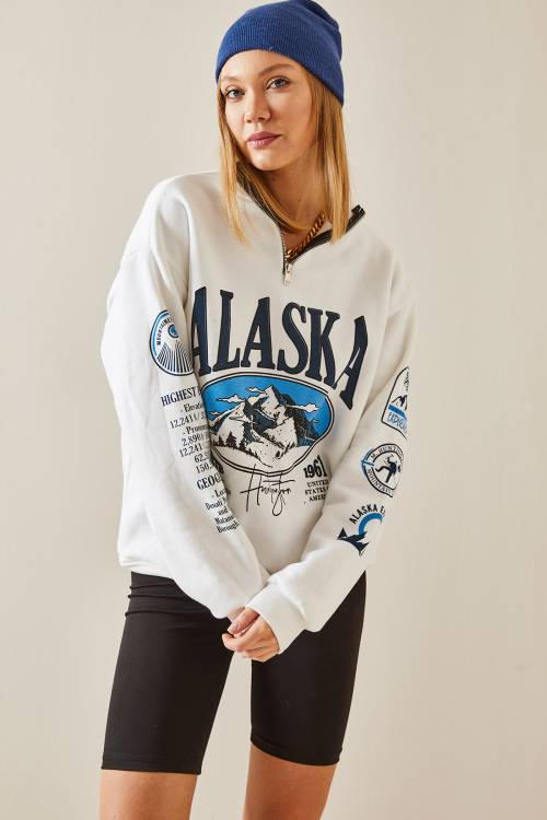 Ekru Dik Yaka Fermuarlı Sweatshirt 4KXK8-47770-52 - 4