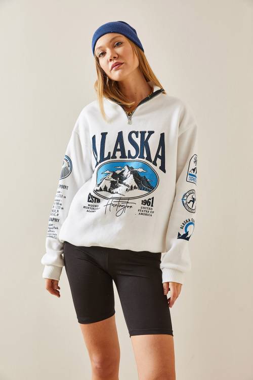 Ekru Dik Yaka Fermuarlı Sweatshirt 4KXK8-47770-52 - 5