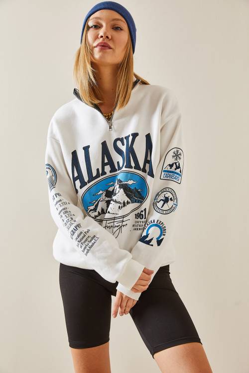 Ekru Dik Yaka Fermuarlı Sweatshirt 4KXK8-47770-52 - 6