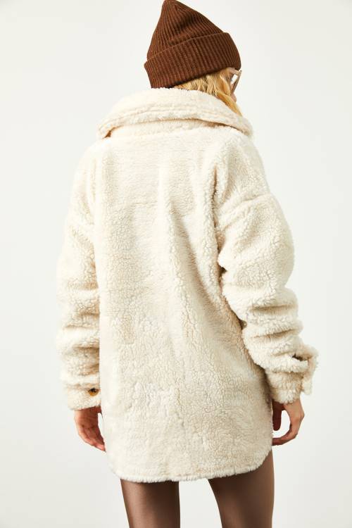 Ekru Düğmeli Peluş Ceket 2KXK4-45503-52 - 8