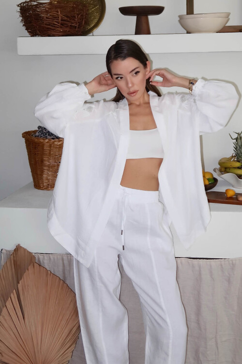 Ekru İnci İşlemeli Oversize Kimono 4KXK4-47952-52 - 1