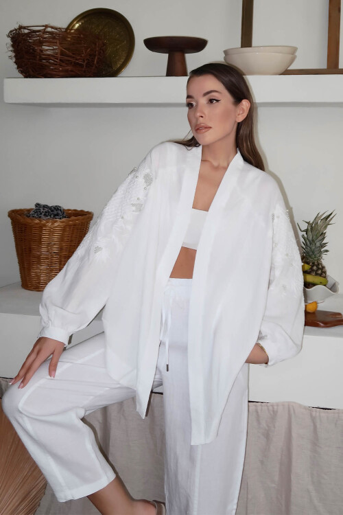 Ekru İnci İşlemeli Oversize Kimono 4KXK4-47952-52 - 2